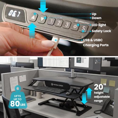 VERSADESK PowerPro Elite Smart Corner Standing Desk Converter - Adjustable Sit Stand Desk Riser with Keyboard Tray & USB C Ports - App Controlled Height Adjustment for Home or Office | Black (36" x