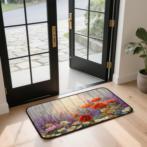 Spring Wildflowers Poppy Wood Door Mat Kitchen Mats, Indoor Outdoor Rugs, Cushioned Anti Fatigue Absorbent Kitchen Rug, Non-Slip Standing Desk Mat, Front Door Rug for Floor, Bathroom, Sink, 20"×39"