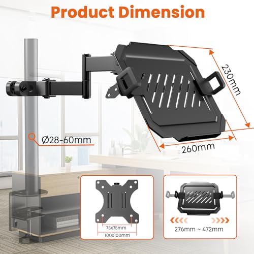 PUTORSEN Laptop Pole Mount Tray – Universal Full Motion Arm Holder with Removable 75mm & 100mm VESA Plate, Fits 12–18 Inch, Black