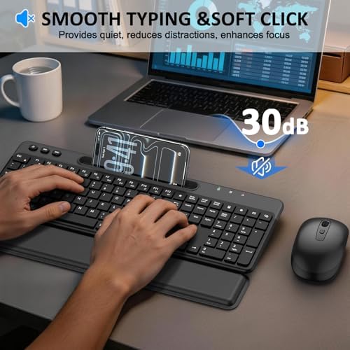Wireless Keyboard and Mouse Combo,Soft Wrist Rest,Phone Holder(Black)