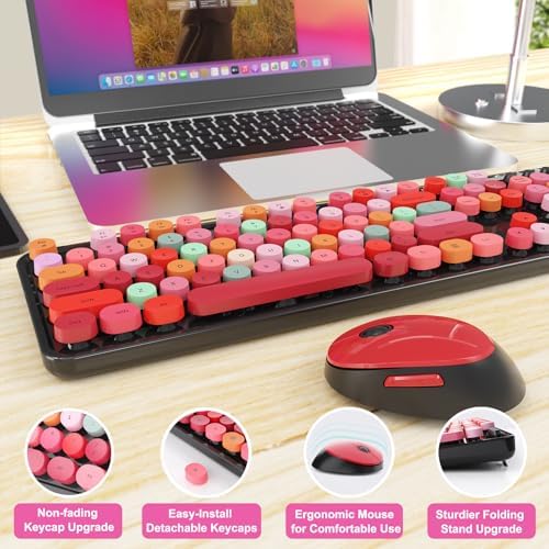 Wireless Keyboard and Mouse Combo, Ergonomic Full Size Typewriter Retro Round Keycaps Keyboard, Compatible with Windows, PC, Perfer for Home and Office Keyboards (Red
