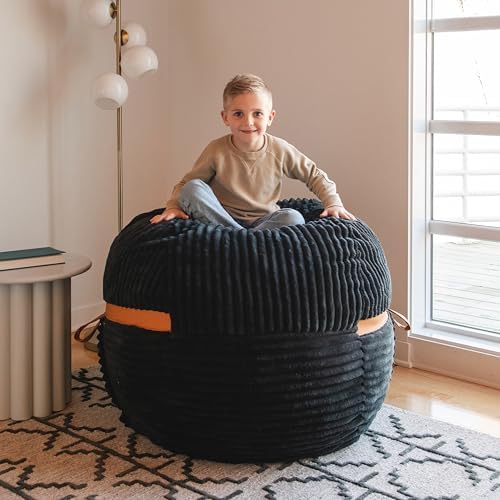 Big Joe Fuf 4Ft Foam Bean Bag Chair with Removable Cover for Kids, Teens, Black Licorice, Corded Plush, 4 Foot Large Reading and Gaming Seat