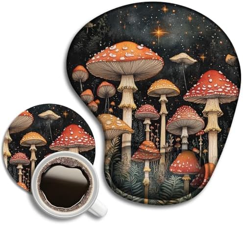 Ergonomic Mouse Pad with Wrist Support, Cup Mat, Mushroom Pattern