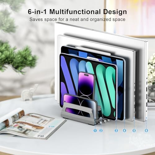 Elestoria 6-Slot Vertical Laptop Stand & Holder –Adjustable Aluminum Laptop Stand Vertical for Desk Fits 6 Devices, MacBook & Gaming Laptops (Up to 17.3”)–Space Saving Laptop Storage Rack - Grey