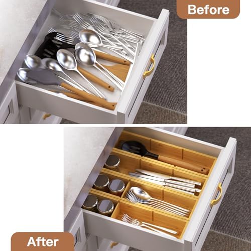 DUJEN 4 Packs Bamboo Drawer Organizer 2 pieces 12.6 * 6inches and 2 pieces 12.6 * 3.2inches, Adjustable 3 Individual Junk Drawer organizer for Bathroom and Kitchen