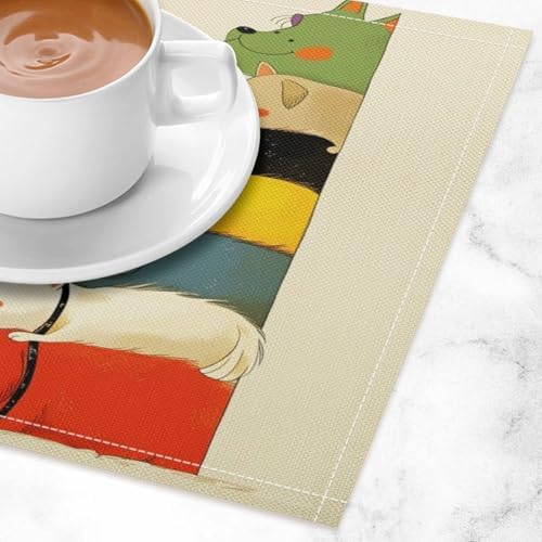 Stacked Dogs Colorful Linen Placemats Set of 1PCS, Heat Resistant Non-Slip Washable Table Placemats for Dining Everyday Use Hotel Banquet Home Decor