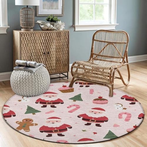 Large Home Decor Mat, Soft Round Yoga Carpet, Non Slip Machine Washable Kitchen Office Circle Rug Pink Santa Claus Christmas