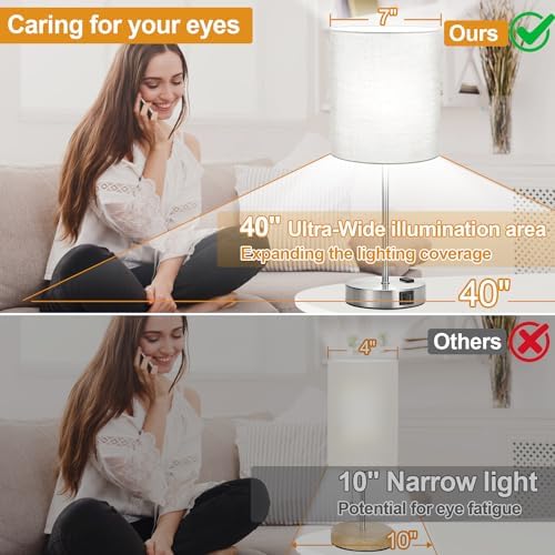 Set of 2 Grey Touch Control Table Lamps with 2 USB Ports & AC Outlet, 3-Way Dimmable Bedside Nightstand Lamps, Desk Lamp for Bedroom Living Room Nursery, 800 Lumens 5000K Daylight Bulbs Included