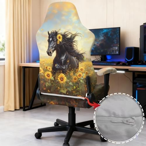 Horse Gaming Chair Cover with Armrest Cover Sunflower Game Computer Covers Cat Scratch Proof Washable Slipcover Universal Stretchable Swivel Office Desk Chair Protector 4-Piece