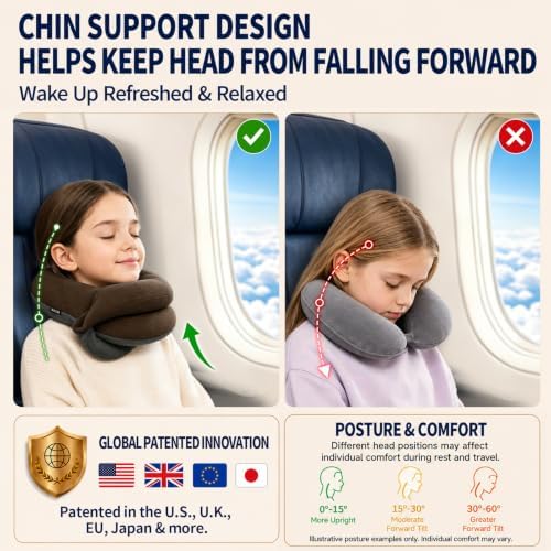 BUYUE Kids Travel Pillows for Airplane, Memory Foam 360° Head Support Sleeping Essentials for Boys Long Flight, Skin-Friendly Soft Neck Pillow for Traveling in Car Seat, (Small, Brown Grey, 40-90 lbs)