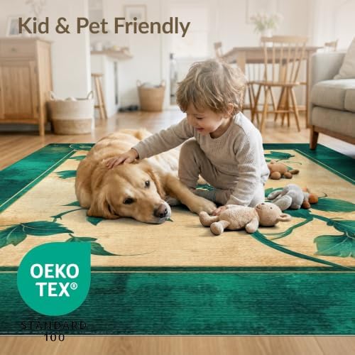 9'x12' Green Cat Cat-Inspired Vine Symmetry Washable Area Rug