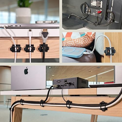 [Made in the UK] 30-Pack Adjustable Elastic Self-Adhesive Cable Tidy Clips, Cable Management Organiser for Office, Home, Under Desk, Behind TV, Charging Phone, Laptop, PC, HDMI, USB (BLACK)