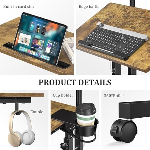 Simple Deluxe Split Top Rotating Standing Desk on Wheels – 23.6" Manual Adjustable Height Mobile Laptop Computer Table – Sit Stand Rolling Workstation with Tilt Function – Brown