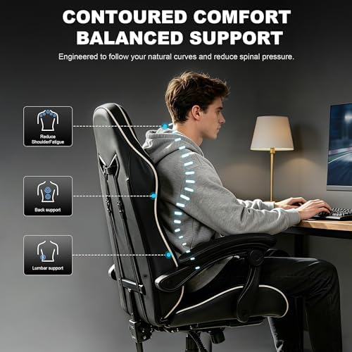 Ergonomic Gaming Chair for Adults, Reclining Computer Office Desk Chair with Footrest, Pocket Spring Cushion,Linkage Armrests, Lumbar Support & Headrest, Heavy-Duty Enlarged Metal Base,White