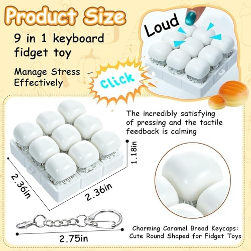 Bread Shape Keyboard Fidget Toy, Keyboard Fidget Keychain 9-in-1 Keyboard Decompression Button Finger Clicker Toys, Cute Click Buttons Fidget Toy ADHD Sensory Fidget Toys Stress Relief Gifts(W)