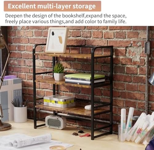 Office Desk Shelf Organizer, Wood Desktop Bookshelf Supplies Storage Rack, Shelf for Top of Desk and Dresser and Cubicle Decor Aesthetic Bookshelf (Black Brown, Three Tier, 15.75Lx7.87Wx22.05H)