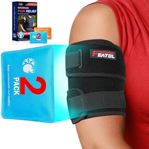 FEATOL Bicep Tendonitis Brace with 2 Gel Ice Packs, Upper Arm Brace Tricep Compression Sleeve Support Hot & Cold Therapy for Men and Women, Pain Relief for Muscle Strains,Inflammation (Black with 2 ice packs, Small)