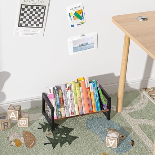 ELITEROO Desktop Bookshelf Organizer, Wood Slanted Desk Bookshelf, Small Tabletop Book Rack, Portable Mini Bookcase for Book Display, Cookbooks, Kids Reading, Office & Home Storage, Rustic Brown