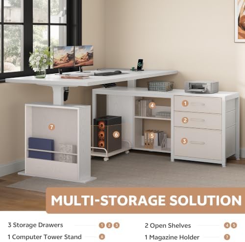 63'' L Shaped Desk with 3 Drawers Electric Standing Desks White