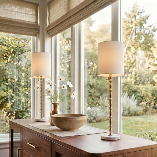 Buffet Lamps Set of 2, 28.5”H Modern Luxury Lamps with Marble Base, Brass Finish and Linen Shade, UL Certified – Elegant Lighting for a Warm Atmosphere in Entryway, Living or Dining Room