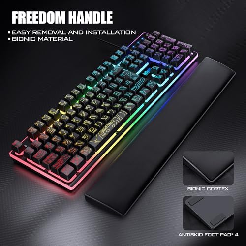 RedThunder K10 Wired Gaming Keyboard & Mouse Combo with Wrist Rest, Adjustable RGB Mechanical Feel Anti-ghosting Keyboard + 7D 7200 DPI Mouse+Soft Leather Wrist Rest for PC Gamers (Black Lines)