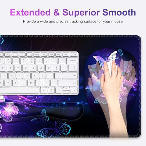 Large Mouse Pad with Wrist Support 4in1 Set, XXL Game Mousepad + Keyboard Wrist Rest+Mouse Wrist Rest+Coaster with Ergonomic Design Gaming Mat for Home Office Table Computer I Purple Butterfly