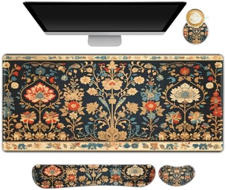 ARTSO Desk Mat Set, Mouse Pad with Wrist Rest Support + Keyboard Wrist Rest + Large Mouse Pad + Coaster, Extended Gaming Mousepad Combo, Retro Flower Plant