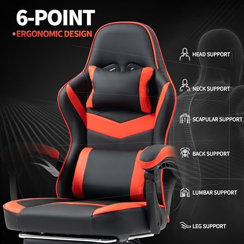 Gaming Chair with Footrest for Adults - Ergonomic Gaming Chairs with Foot Rest - Big and Tall Computer Game Chair - PU Leather Reclining Video Game Chairs with Spring Cushion - Black/Red