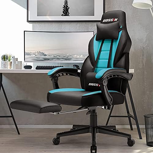 BOSSIN Big and Tall Gaming Chair with Footrest and Massage, 400lb Weight Capacity, Ergonomic Heavy Duty Chair with Large Size Seat and High Back