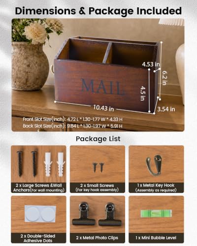 DLQuarts Solid Wood Mail Organizer Countertop or Wall Mounted, Rustic Brown