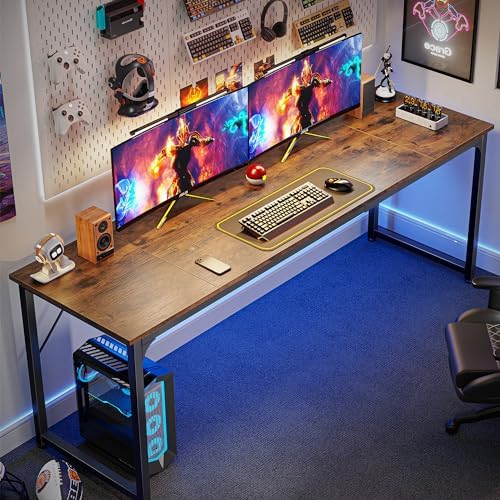Huuger Computer Desk, 80 Inch Office Desk, Gaming Desk with Storage, Writing Desk Work Desk for Home Office, Study, Long Simple Desk, Large Legroom, Metal Frame, Rustic Brown