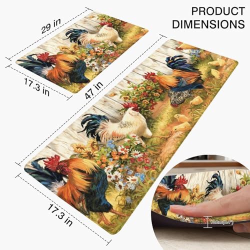 Rooster Kitchen Rugs and Mats Set of 2, 17.3"x47"+17.3"x29"