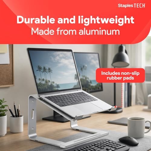 Staples TECH Adjustable Aluminum Laptop Stand, 11-17 In, Silver