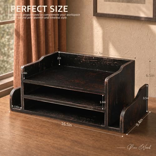 Wood Desk Organizer: File Organizer with 3-Tier Shelf, Distressed Black