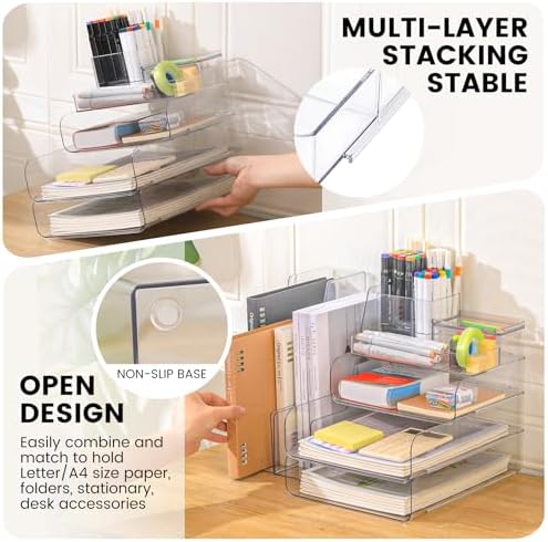CiWiVOKi Desk Organizer with 2 Vertical File Holder, 4 Tier Stackable Paper Letter Tray File Organizer with 5-Compartments Pen Holder, Clear Desktop Organizer Office Organization and Storage