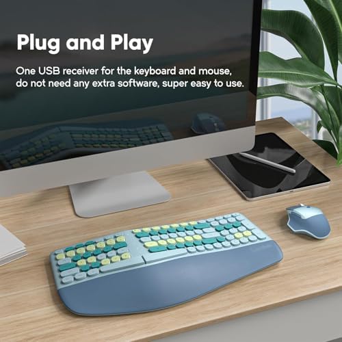 Wireless Ergonomic Keyboard and Mouse Combo with PU Wrist Rest, Carpal Tunnel Keyboard, 2.4G Colorful Split Ergo Keyboard, Comfortable Natural Typing, Compatible with PC/Laptop (Blue)