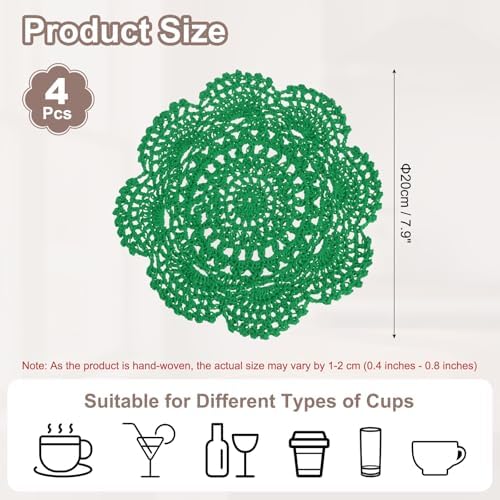 uxcell 4 Pcs Crochet Handmade Cotton Placemat Doilies for Table 7.9" Green
