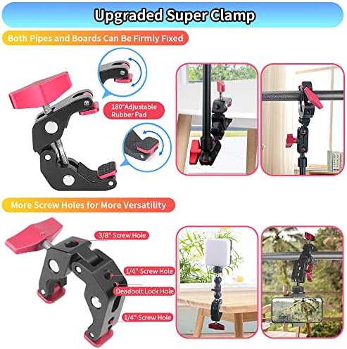 13"/34cm Magic Arm w Clamp, Camera Mount & Clamp w 1/4" 3/8" Threads and Articulating Friction Magic Arm, Overhead Phone Mount, Camera Boom Arm Mount for Light Webcam Mic Action Camera Monitor