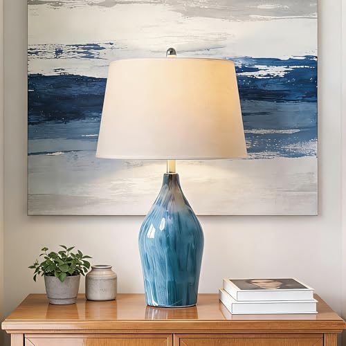 QiMH 28" Ceramic Table Lamp, 3 Color Temperatures Lamp for Bedroom with Memory Function, Nightstand Lamp with Linen Shade, Modern Glaze Bedside Lamp for Living Room, Blue, 2700K LED Bulb Included