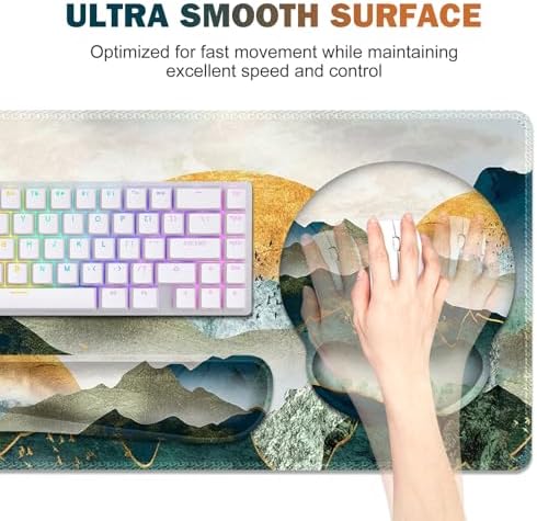 Gaming Mouse Pad, Large Desk Mat, Cute Desk Pad Protector, 4in1 XXL Mousepad +Keyboard Wrist Rest+Mouse Wrist Rest+Coaster Set with Ergonomic Desk Pad for Home Office Table Computer Green Mountain