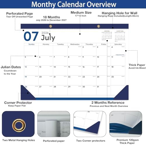2026-2027 Desk Calendar - 18 Month Desk Calendar 2026-2027, Jul 2026 - Dec 2027, 17" x 12", Large Monthly Desktop Calendar with Daily Blocks, Thick Paper, Corner Protectors - (2 Stickers Included)