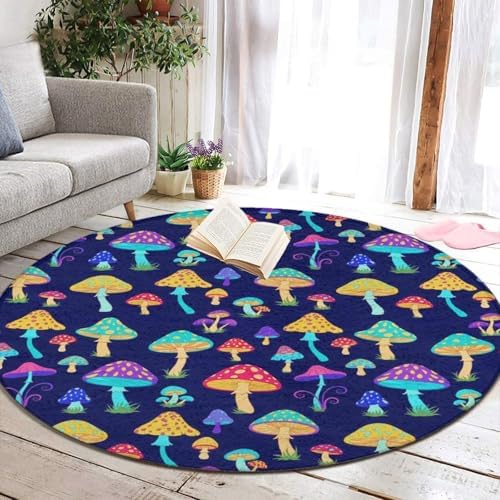 Men's Large Home Decor Mat, Soft Round Yoga Carpet, Non Slip Machine Washable Home Office Circle Rug Trippy Colorful Neon Mushrooms, 24inch