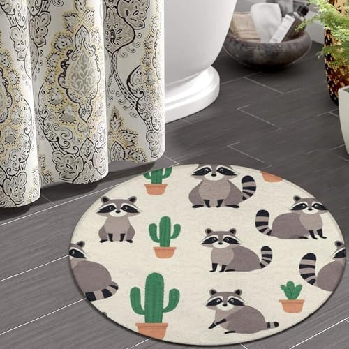 Soft Round Yoga Carpet, Large Home Decor Mat, Non Slip Machine Washable Kitchen Office Circle Rug Cactus Cute Cartoon Raccoons