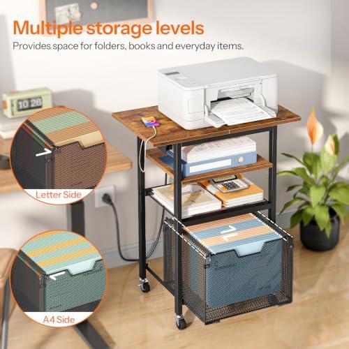 HOOBRO Printer Stand with Hanging File Drawer, Rolling Printer Cart on Wheels, Mobile Filing Cabinet Storage Shelf, Home Office Desk Side Organizer, Rustic Brown and Black BF17UPS01