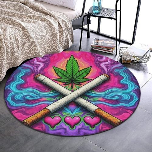 Machine Washable Modern Round Area Rug, Room Sofa Yoga Soft Round Carpet, Home Decor Non Slip Kitchen Office Circle Rug Trippy Love Weed Art, 36inch