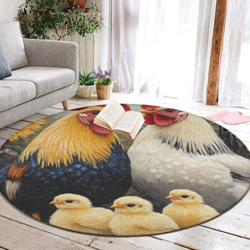 Large Round Area Rug Home Decor Modern Bathroom Rug Kitchen Office Circle Rug for Living Room Sofa Circle Cute Mat Chicken Rooster Garden Flowers Painting, 24inch