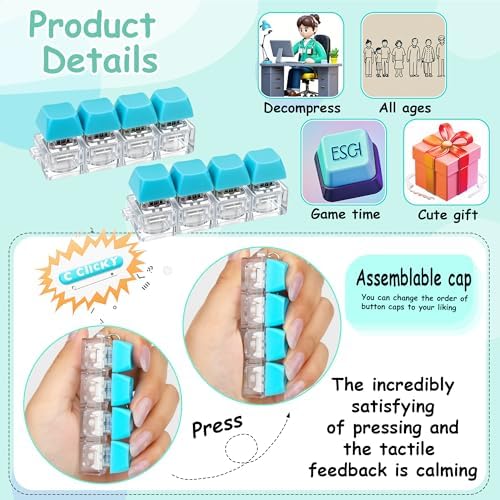 2 Pcs Keyboard Fidget Toy, Keyboard Fidget Keychain 4-in-1 Keyboard Decompression Button Finger Clicker Toys, Button Stress Relief Fidget Gifts for Adult to Relief Stress (Blue)