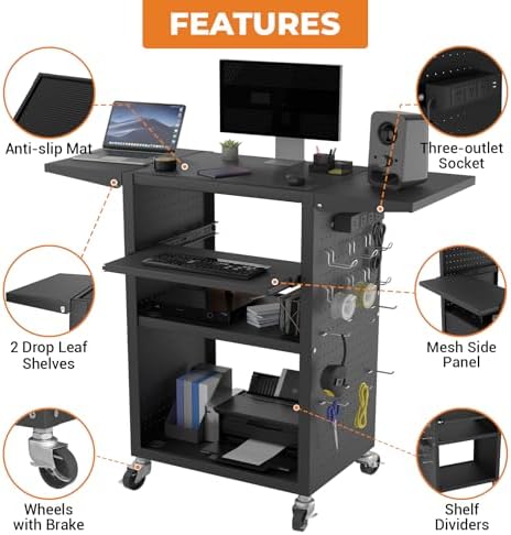 Mobile AV Cart with Pullout Keyboard Tray, Rolling Computer Cart Height Adjustable Rolling Media Utility Cart with 4 Wheels