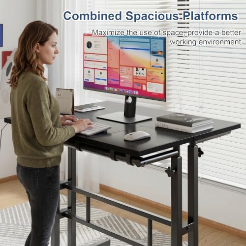 VECELO Mobile Small Standing Desk Adjustable Height, Computer Workstations with Tiltable Tabletop, Lockable Wheels, Portable Rolling Laptop Desk for Home Office, Black