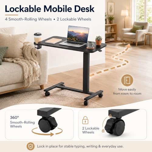 GTPLAYER Mobile Rolling Desk, Adjustable Height Laptop Table, 32 Inch Black